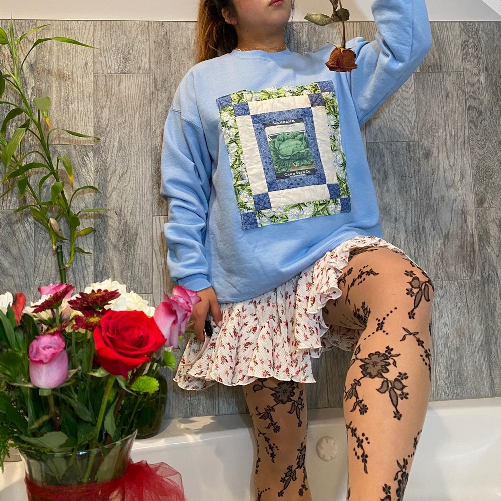 Up-cycled sweatshirt with vintage quilt